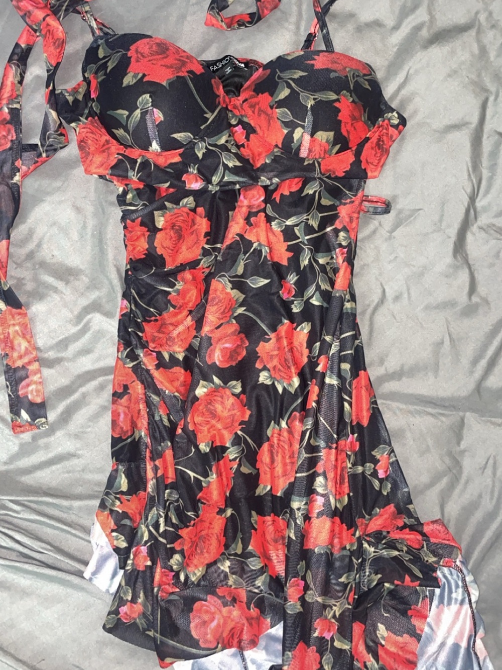 Fashion Nova Black Slip Dress with Red Rose Print